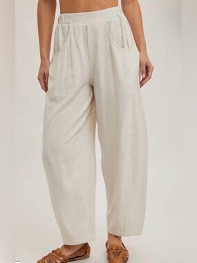 NWT Bluivy Barrel Wide-Leg Linen Blend Pants ~ Oatmeal Cream